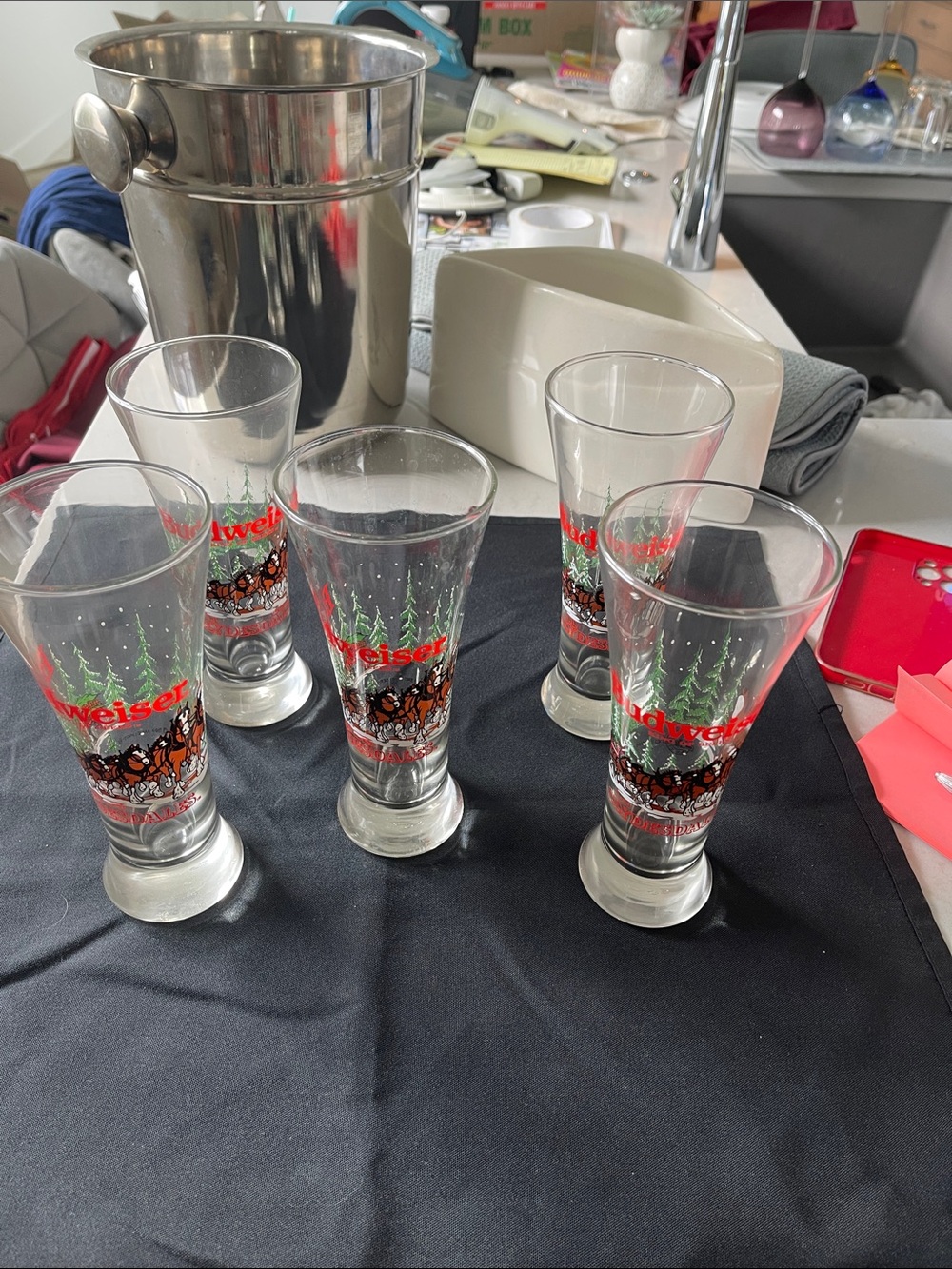 Budweiser Clear Pilsner Glasses with Red & Green Holiday Design (Set of 5)